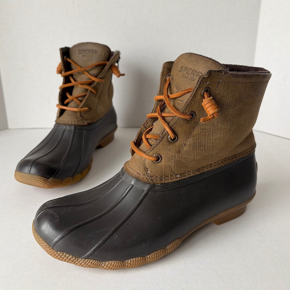 Sperry Saltwater Canvas Duck Boots Brown Olive Green STS99729 Womens 7.5
